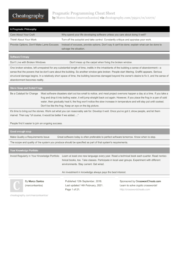 Pragmatic Programming Cheat Sheet By Marconlsantos - Download Free From ...