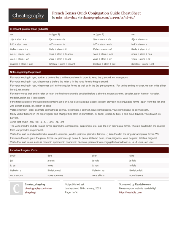 French Tenses Quick Conjugation Guide Cheat Sheet By Miss Shayshay Download Free From