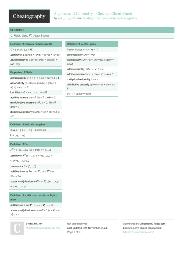 Algebra and Geometry - Class 27 Cheat Sheet by mk_mk_mk - Download free ...