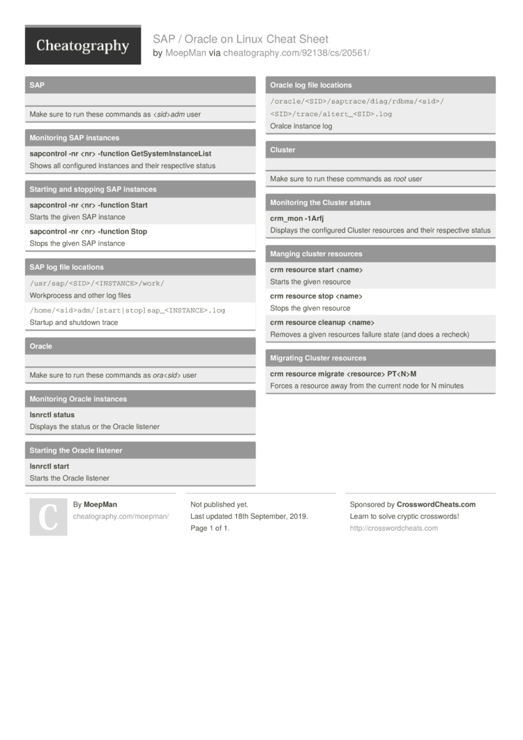 Sap Oracle On Linux Cheat Sheet By Moepman Download Free From Cheatography Cheatography Com Cheat Sheets For Every Occasion