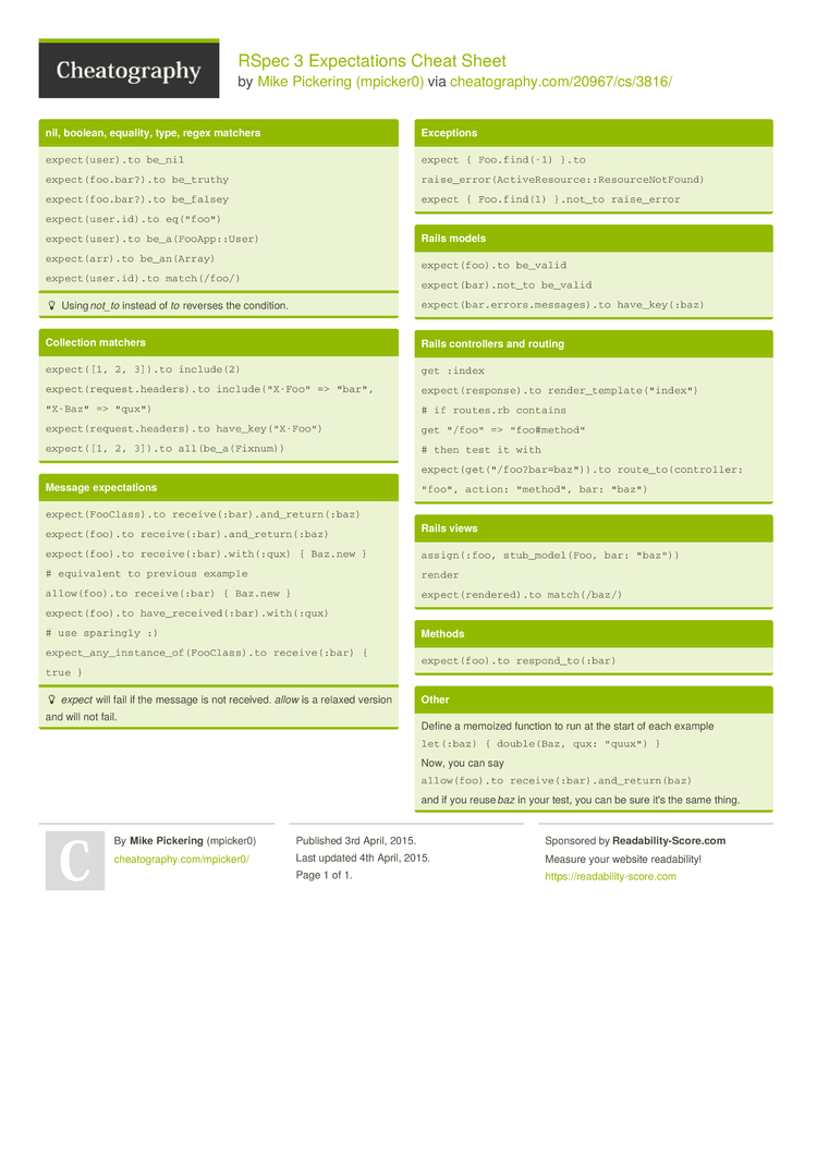 Rspec 3 Expectations Cheat Sheet By Mpicker0 Download Free From Cheatography Cheatography Com Cheat Sheets For Every Occasion