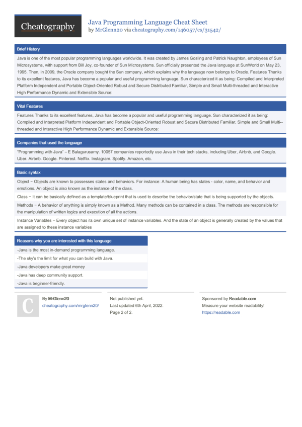 Java Programming Language Cheat Sheet by MrGlenn20 - Download free from ...