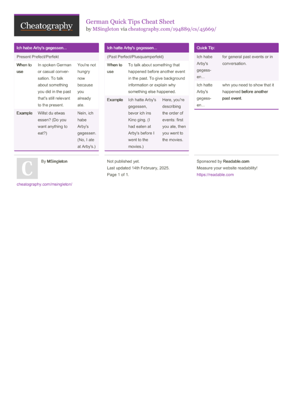 German Quick Tips Cheat Sheet by MSingleton - Download free from ...