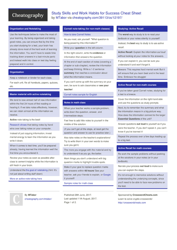 Study Skills and Work Habits for Success Cheat Sheet by MTabor ...