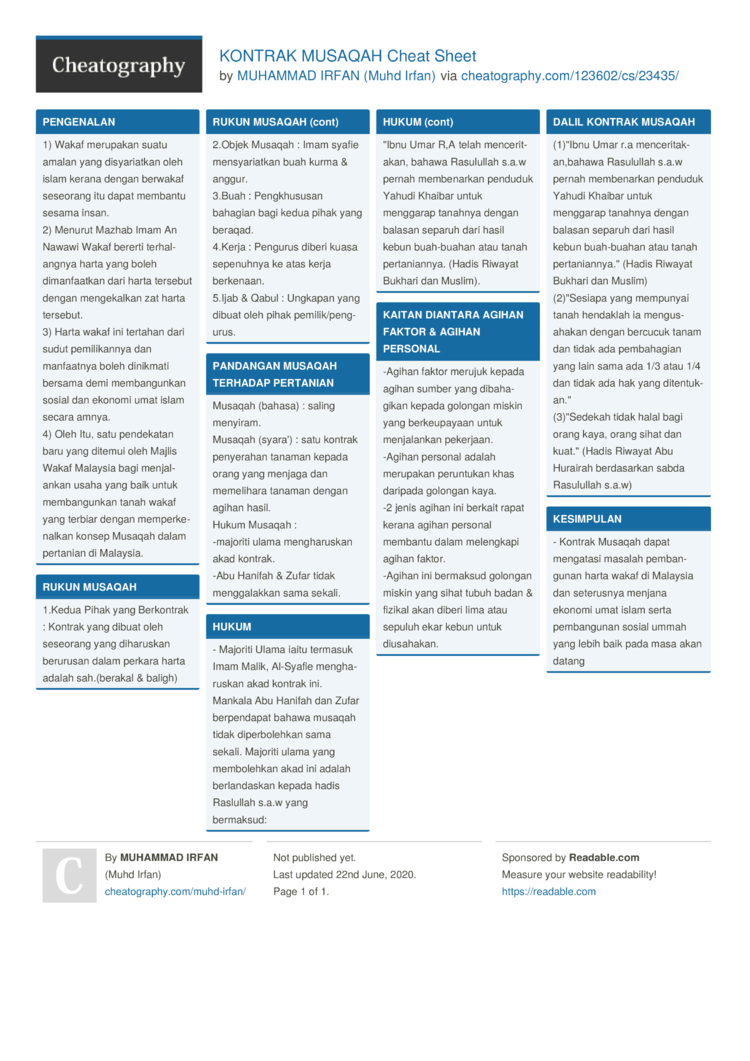 Kontrak Musaqah Cheat Sheet By Muhd Irfan Download Free From Cheatography Cheatography Com Cheat Sheets For Every Occasion