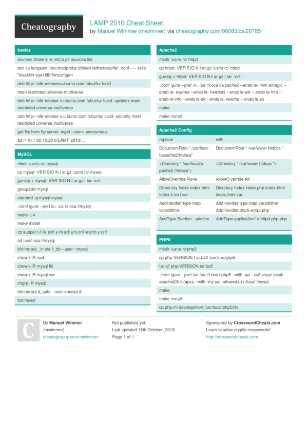 LAMP 2010 Cheat Sheet by mwimmer - Download free from Cheatography ...