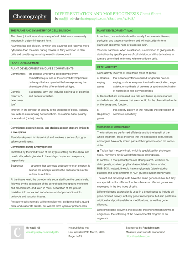 DIFFERENTIATION AND MORPHOGENESIS Cheat Sheet by nadjjj_06 - Download ...