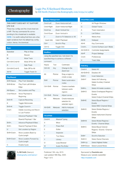 Tracktion Waveform Shortcuts Cheat Sheet by Naenyn - Download free from ...