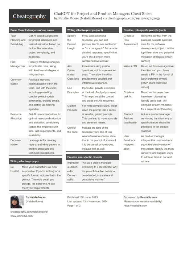 ChatGPT for Project and Product Managers Cheat Sheet by NatalieMoore ...
