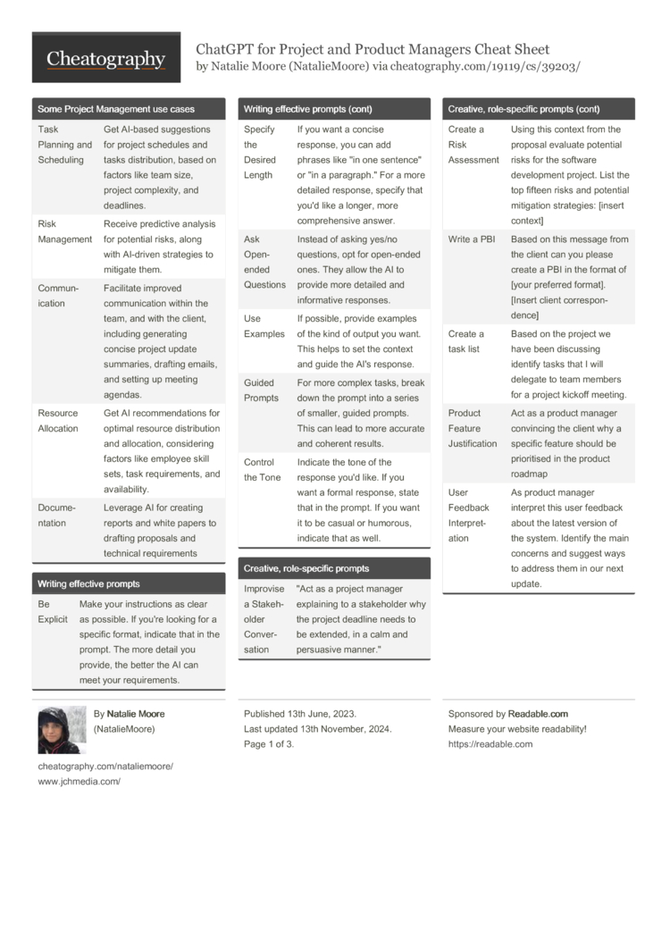 ChatGPT for Project and Product Managers Cheat Sheet by 