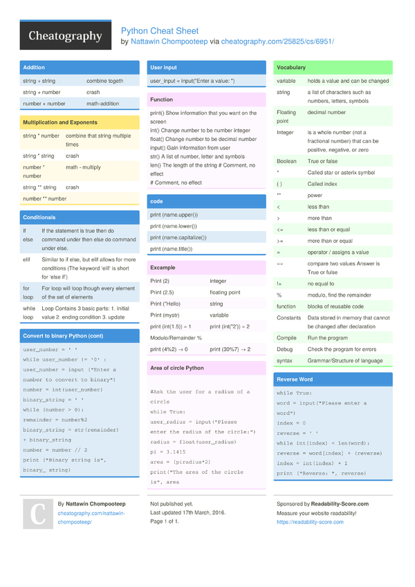 Python Cheat Sheet by Nattawin Chompooteep - Download free from ...