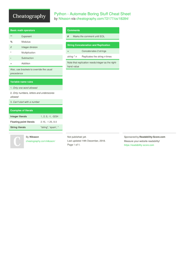 Python - Automate Boring Stuff Cheat Sheet by Niksson - Download free ...