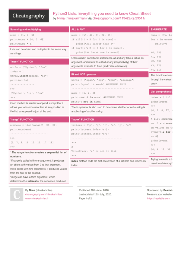 Python3 Lists: Everything you need to know Cheat Sheet by nimakarimian ...