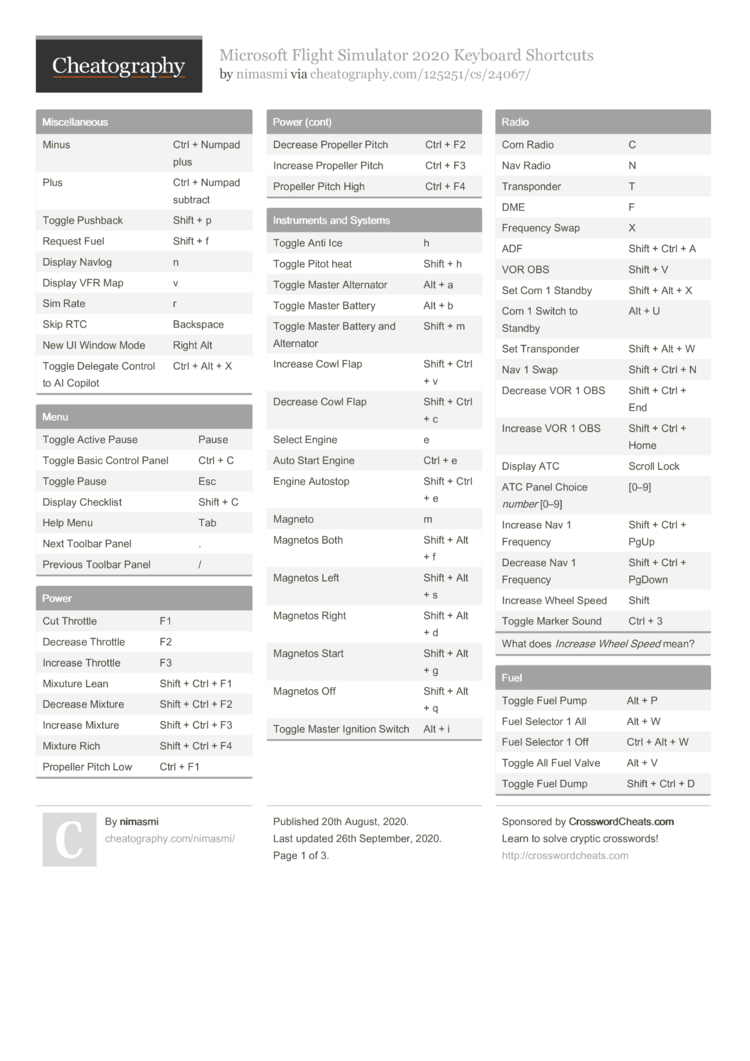 x plane 11 keyboard cheat sheet