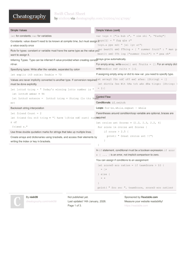 Swift Cheat Sheet by nixik09 - Download free from Cheatography ...