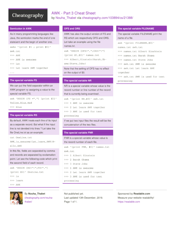 AWK - Part 3 Cheat Sheet by Nouha_Thabet - Download free from ...