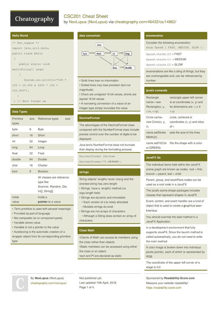 CSC201 Cheat Sheet by NoxLupus - Download free from Cheatography ...