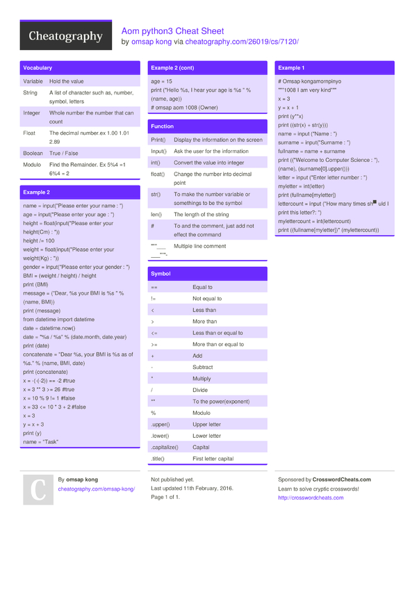 Aom python3 Cheat Sheet by omsap kong - Download free from Cheatography ...