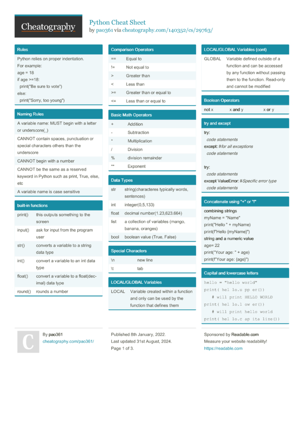 Python Cheat Sheet by pao361 - Download free from Cheatography ...