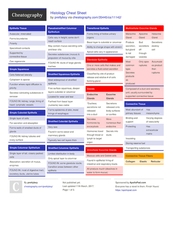 Histology Cheat Sheet by prettyboy - Download free from Cheatography ...