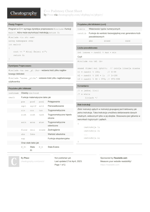 C Podstawy Cheat Sheet By Prezz Download Free From Cheatography Cheat 2232