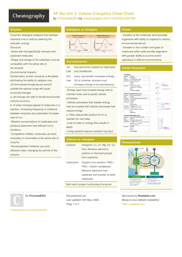 AP Bio Unit 3: Cellular Energetics Cheat Sheet By PrincessB3ll3 ...