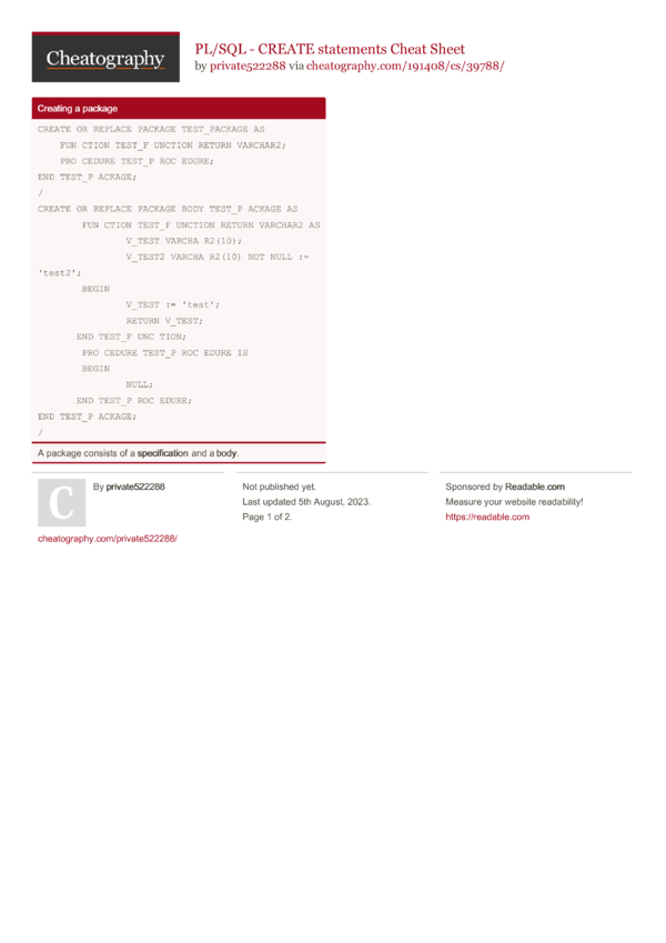 PL/SQL - CREATE statements Cheat Sheet by private522288 - Download free ...