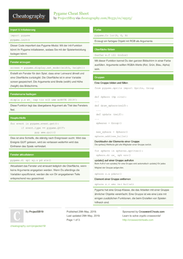 Pygame Cheat Sheet by ProjectSB19 - Download free from Cheatography ...