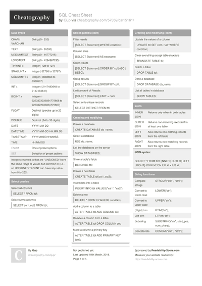 91 SQL Cheat Sheets - Cheatography.com: Cheat Sheets For Every Occasion