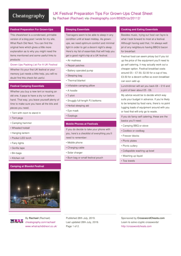 UK Festival Preparation Tips For Grown Ups Cheat Sheet By Rachael Download Free From