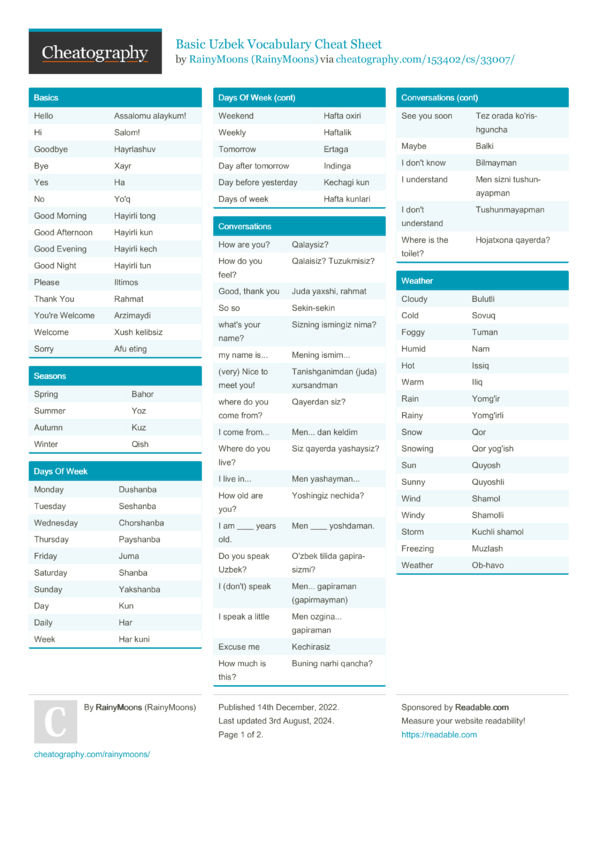 Basic Uzbek Vocabulary Cheat Sheet by RainyMoons - Download free from ...