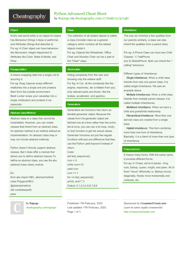 Python Advanced Cheat Sheet By Rajargs Download Free From Cheatography Cheatography Com