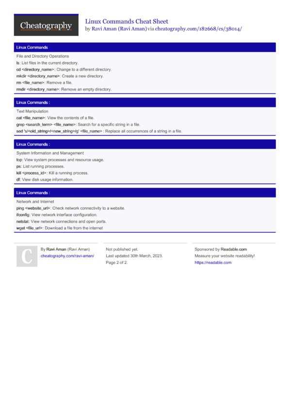 Linux Commands Cheat Sheet By Ravi Aman Download Free From Cheatography