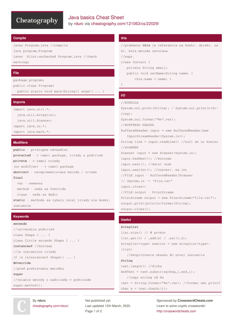 Java Syntax Cheat Sheet