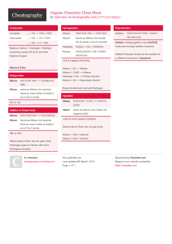 Organic Chemistry Cheat Sheet by rebeconn - Download free from