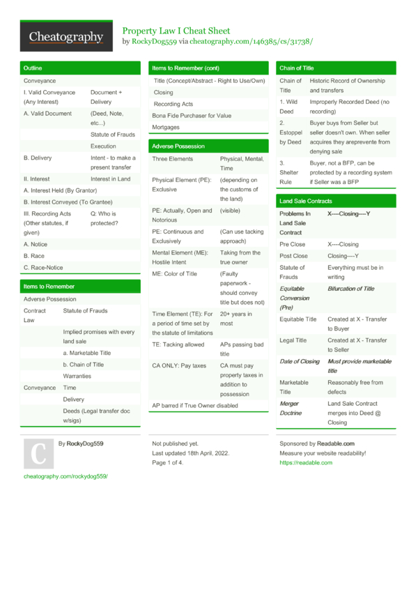 Property Law I Cheat Sheet by RockyDog559 - Download free from ...