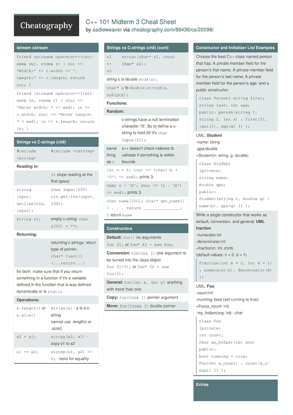 C++ 101 Midterm 3 Cheat Sheet by sadieweaver - Download free from ...
