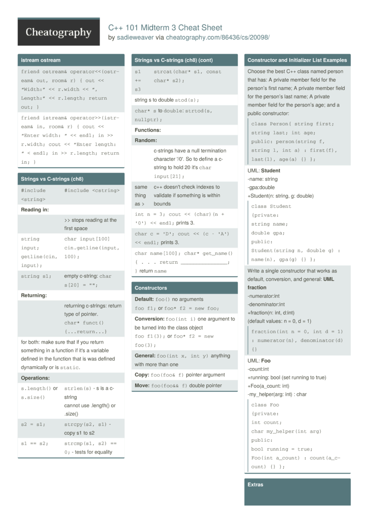 count World window Hospitality C++ 101 Midterm 3 Cheat Sheet by sadieweaver - Download free from  Cheatography - Cheatography.com: Cheat Sheets For Every Occasion