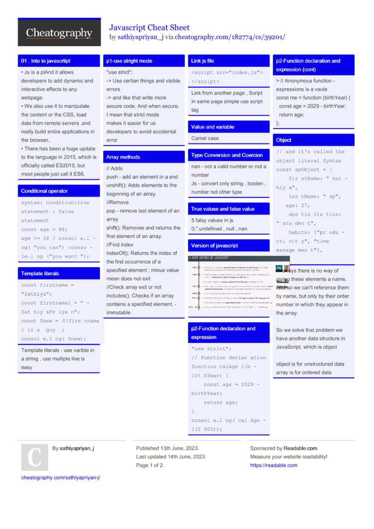 JavaScript Cheat Sheet - A Basic Guide to JavaScript - GeeksforGeeks