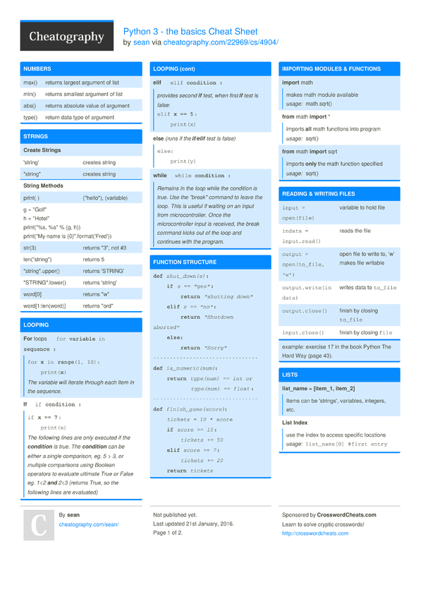 Python 3 - The Basics Cheat Sheet By Sean - Download Free From ...