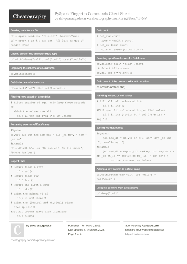 PySpark Fingertip Commands Cheat Sheet by shivprasadgadekar - Download ...