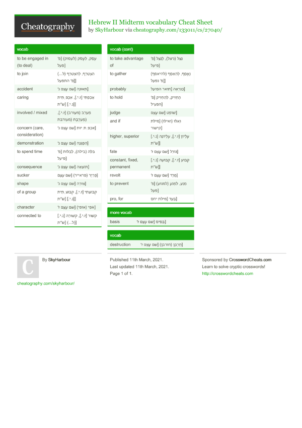 Hebrew II Midterm vocabulary Cheat Sheet by SkyHarbour Download free