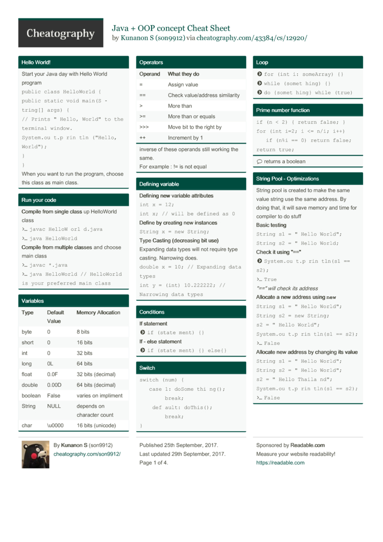 Java + OOP concept Cheat Sheet by son9912 - Download free from