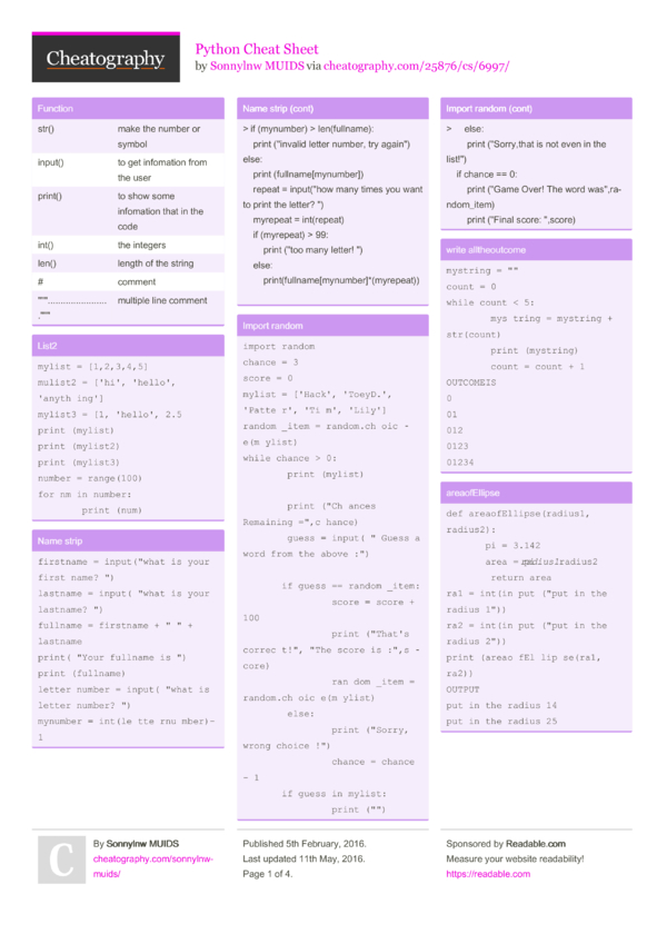 Python Cheat Sheet By Sonnylnw Muids Download Free From Cheatography Cheatography Com Cheat