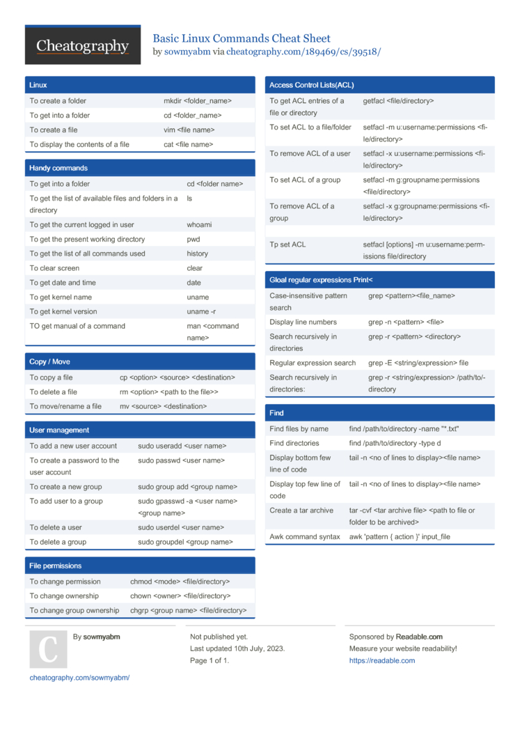 Linux Command Line Cheat Sheet by DaveChild - Download free from  Cheatography - : Cheat Sheets For Every Occasion