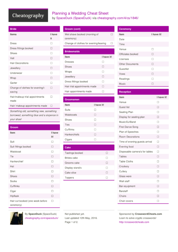 Planning a Wedding Cheat Sheet by SpaceDuck - Download free from ...