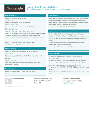 6 Lucene Cheat Sheets - Cheatography.com: Cheat Sheets For Every Occasion