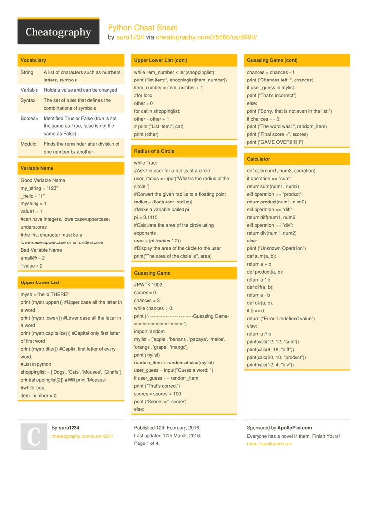 Python language reference cheat sheet