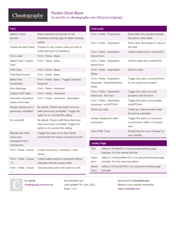 Pardot Cheat Sheet by suri.liu - Download free from Cheatography ...