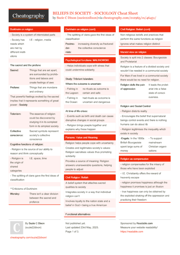 BELIEFS IN SOCIETY - SOCIOLOGY Cheat Sheet by suzie22dixon - Download ...